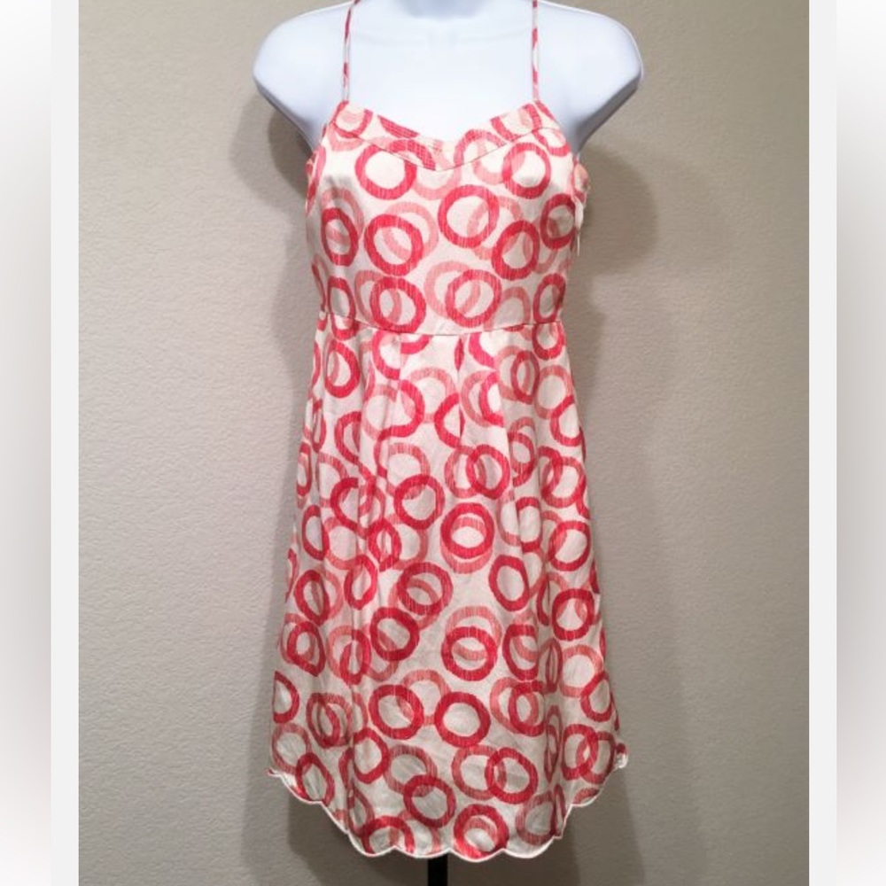 Juicy Couture size 12 Silk cream and red circle print spaghetti strap mini dress
